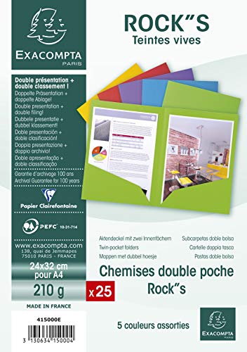 Exacompta 415000E 25er Pack Aktenmappen ROCKS mit 2 Innenfächern 210g für DIN A4 PEFC™-zertifizierte farbig sortiert Präsentationsmappe Sammelmappe Dokumentenmappe von Exacompta