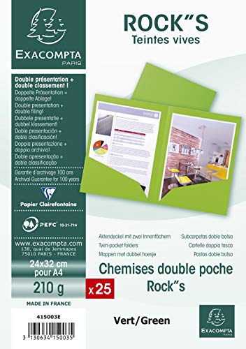 Exacompta 415003E 25er Pack Aktenmappen ROCKS mit 2 Innenfächern 220g für DIN A4 PEFC™-zertifizierte grün Präsentationsmappe Sammelmappe Dokumentenmappe von Exacompta