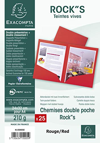 Exacompta 415005E 25er Pack Aktenmappen ROCKS mit 2 Innenfächern 220 g für DIN A4 PEFC™-zertifizierte rot Präsentationsmappe Sammelmappe Dokumentenmappe von Exacompta