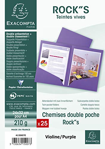 Exacompta 415007E 25er Pack Aktenmappen ROCKS mit 2 Innenfächern 220g für DIN A4 PEFC™-zertifizierte lila Präsentationsmappe Sammelmappe Dokumentenmappe von Exacompta