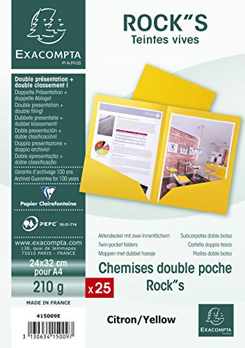 Exacompta 415009E 25er Pack Aktenmappen ROCKS mit 2 Innenfächern 220g für DIN A4 PEFC™-zertifizierte Zitronengelb Präsentationsmappe Sammelmappe Dokumentenmappe von Exacompta