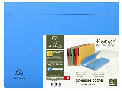 Exacompta 46971E 5er Pack Pack Recycling-Aktenmappen Forever mit Verschlußklappe für DIN A4 Blauer Engel Sammelmappe Einschlagmappe farbig sortiert von Exacompta