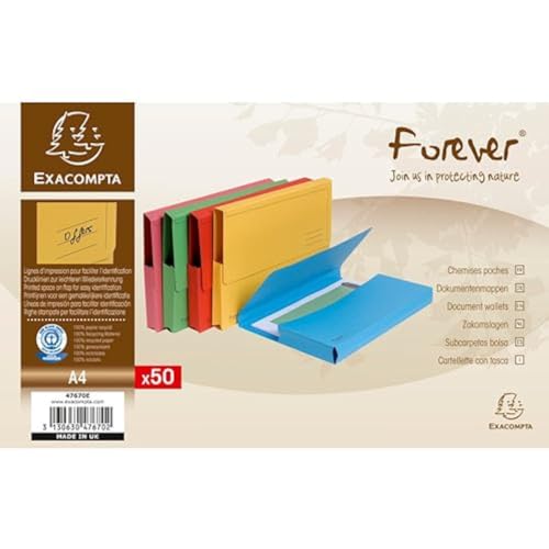 Exacompta 47670E 50er Pack Recycling-Aktenmappen Forever mit Verschlußklappe für DIN A4 Blauer Engel Sammelmappe Einschlagmappe farbig sortiert von Exacompta