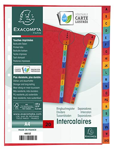 Exacompta 4803Z Premium-Register A-Z für DIN A4 aus starkem Colorspankarton 20-teilig volle Höhe 24,5 x 29,7 cm vollfarbig 4 x 5 Farben Trennblätter Trennstreifen von Exacompta