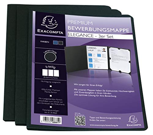 Exacompta 48661B 3er Pack Bewerbungsmappen ELEGANCE in Lienen Optik. Aus starkem Colorspan-Karton 3-teilig mit 1 Klemmschiene für DIN A4 schwarz von Exacompta