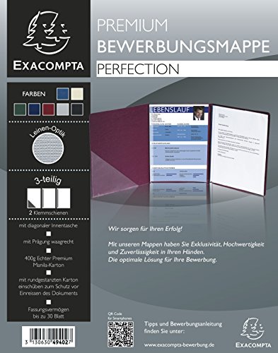 Exacompta 49402B Bewerbungsmappe PERFECTION in Leinen Optik. Aus starkem Colorspan-Karton 3-teilig mit 2 Klemmschienen und Innentasche für DIN A4 blau von Exacompta