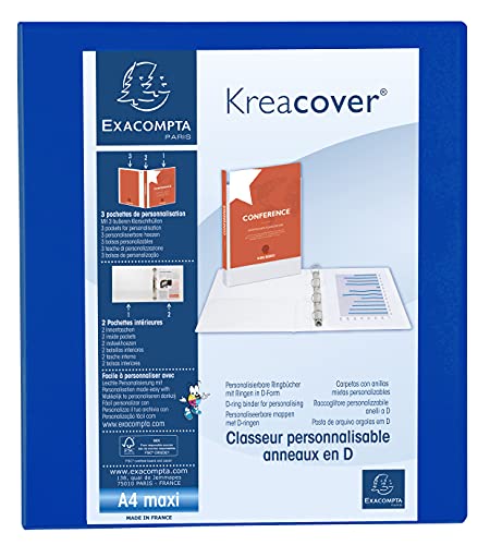 Exacompta 51823BE Präsentationsringbuch KreaCover DIN A4 aus starkem Karton 2 D Ringe 64mm breit Blau ideal für Schule und Büro Ringhefter Ringordner Ringbuchordner von Exacompta