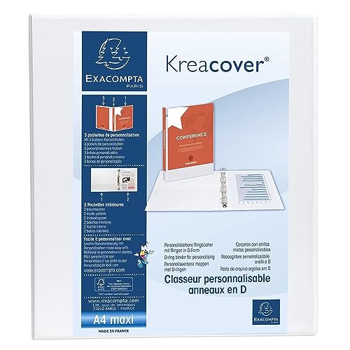 Exacompta 51843E Präsentationsringbuch KreaCover aus blickdichtem Kunststoff für DIN A4, 4-D Ring Mechanik 40 mm, Rücken 64 mm, weiß ideal für Schule und Büro Ringhefter Ringordner Ringbuchordner von Exacompta