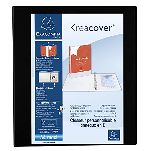 Exacompta 51843NE Präsentationsringbuch KreaCover aus blickdichtem Kunststoff für DIN A4, 4-D Ring Mechanik 40 mm, Rücken 64 mm, schwarz ideal für Schule und Büro Ringhefter Ringordner Ringbuchordner von Exacompta