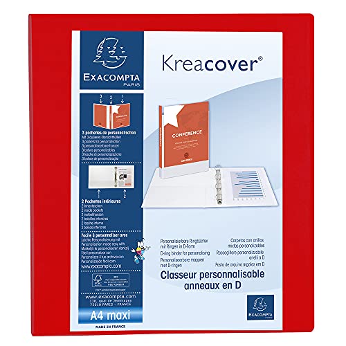 Exacompta 51843RE Präsentationsringbuch KreaCover aus blickdichtem Kunststoff für DIN A4, 4-D Ring Mechanik 40 mm, Rücken 64 mm, rot ideal für Schule und Büro Ringhefter Ringordner Ringbuchordner von Exacompta