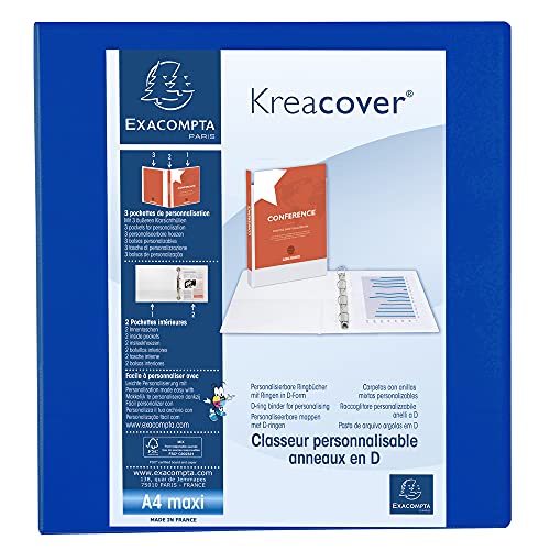 Exacompta 51845BE Ringbuch Kreacover aus festem PP, 4 Ringe 60mm, Rücken 90mm, DIN A4+, 1 Stück, Blau von Exacompta