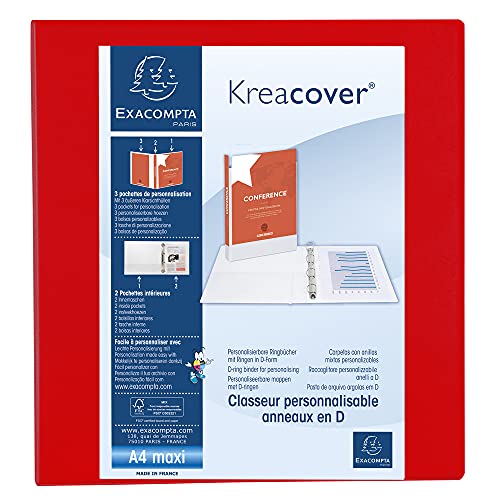 Exacompta 51845RE Präsentationsringbuch KreaCover aus blickdichtem Kunststoff für DIN A4, 4-D Ring Mechanik 60 mm, Rücken 90 mm, rot ideal für Schule und Büro Ringhefter Ringordner Ringbuchordner von Exacompta