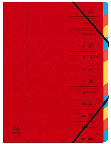 Exacompta 54125E Premium Ordnungsmappe geheftet. Aus extra starkem Colorspan-Karton DIN A4 12 vollfarbige bunte Fächer und 2 Gummizüge mit Organisationsdruck Ringmappe Register-Mappe rot von Exacompta