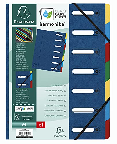 Exacompta 55072E Premium Ordnungsmappe Harmonika. Aus extra starkem Colorspan-Karton DIN A4 7 Fächer und 2 Gummizüge mit Indexfenster und dehnbarem Rücken Register-Mappe blau von Exacompta