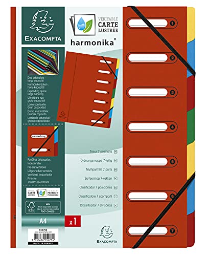 Exacompta 55075E Premium Ordnungsmappe Harmonika. Aus extra starkem Colorspan-Karton DIN A4 7 Fächer und 2 Gummizüge mit Indexfenster und dehnbarem Rücken Register-Mappe rot von Exacompta