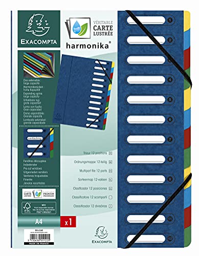 Exacompta 55122E Premium Ordnungsmappe Harmonika. Aus extra starkem Colorspan-Karton DIN A4 12 Fächer und 2 Gummizüge mit Indexfenster und dehnbarem Rücken Register-Mappe blau von Exacompta