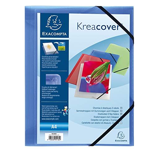 Exacompta 55182E Einschlagmappe Kreacover. Aus Kunststoff DIN A4 mit 2 Gummizügen und 3 Klappen blau Sammelmappe Dokumentenmappe ideal für Büro und Schule von Exacompta