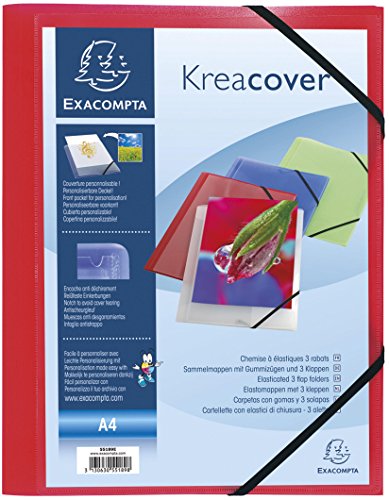 Exacompta 55185E 5er Pack Einschlagmappen Kreacover . Aus blickdichtem Kunststoff mit Klarsichttasche DIN A4 mit 2 Gummizügen und 3 Klappen rot Sammelmappe Dokumentenmappe ideal für Büro und Schule von Exacompta