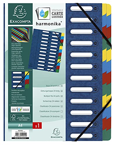 Exacompta 55242E Premium Ordnungsmappe Harmonika. Aus extra starkem Colorspan-Karton DIN A4 24 Fächer und 2 Gummizüge mit Indexfenster und dehnbarem Rücken Register-Mappe blau von Exacompta