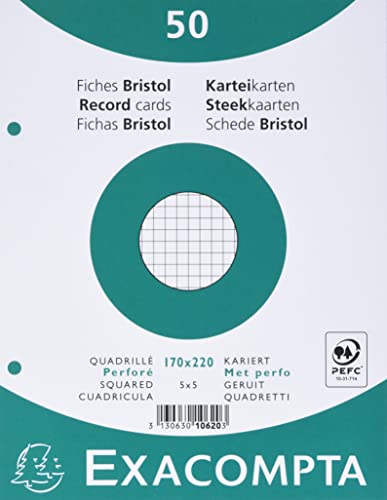 Exacompta Bristol Karteikarten, kariert, 100 Stück Quadriert und gelocht 170 x 220 mm weiß von Exacompta