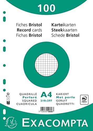 Exacompta 10606E 100er Pack Karteikarten kariert DIN A4 kompatibel mit Druckern 21 x 29,7 cm ideal für die Schule und Universität zum Lernen weiß von Exacompta