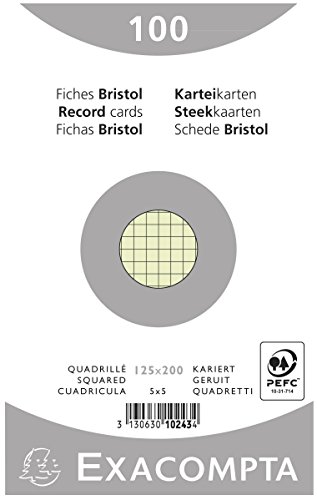 Exacompta Bristol Karteikarten, kariert, 125 x 200 mm, 205 g/m², kompatibel mit Druckern, geeignet für Prüfungsrevision und Notizen, Grün, Ref 10243E von Exacompta