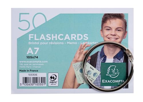 Exacompta - Ref. 10330E - Karton mit 19 Packungen à 50 Flashcards in Folie + Ring - liniert perforiert - Format A7 - zufällige Farbauswahl: weiß, rosa, blau, gelb, grün von Exacompta