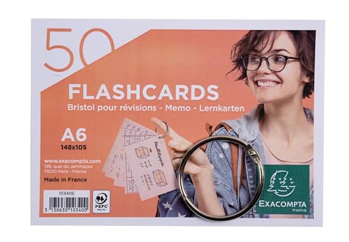 Exacompta - Ref. 10340E – Karton mit 19 Packungen mit je 50 Flashcards in Folie + Ring – liniert perforiert – Format A6 – zufällige Farbauswahl weiß, blau, gelb, rosa, grün von Exacompta