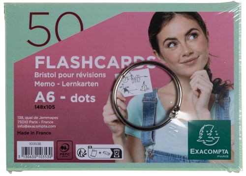 Exacompta - Ref. 10353E - Karton mit 19 Packungen à 50 Flashcards in Folie + Ring - perforiert - Revisionskarten - 148 x 105 mm DIN A6 - Farbe Grün von Exacompta