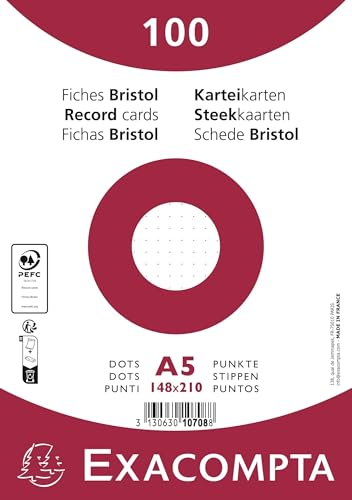 Exacompta - Ref. 10708E – Karton mit 10 Packungen mit je 100 Karteikarten in Folie – Bristol Dots ungelocht – Format 148 x 210 mm – PEFC-zertifiziertes Clairefontaine-Papier – Farbe weiß von Exacompta