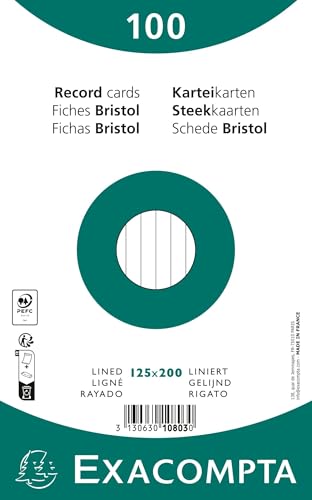 Exacompta - Ref. 10803X Karteikarten, liniert, ungelocht, eingeschweißt, 125 x 200 mm, 12 Packungen mit je 100 Stück, Weiß von Exacompta
