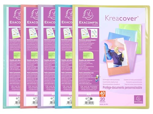 Exacompta 5829E 20er Pack Sichtmappe KreaCover Pastell aus Kunststoff DIN A4 mit 20 Klarsichthüllen, 40 Sichten, Tasche am Vorderdeckel zum selbstgestalten, Aktenhülle, farbig sortiert von Exacompta