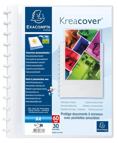 Exacompta 86371E 4er Pack Ringmappe Kreacover mit 30 abnehmbaren genarbten Hüllen, 60 Ansichten personalisierbar für DIN A4 farbig sortiert weiß Spiralmappe Ringbuchmappe Aktenhülle von Exacompta