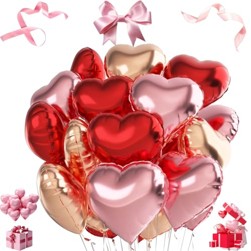 24 Stück Herz Folienballon, 18 Zoll, Rot/Rosa/Roségold, Herz Folien Luftballons, Ballons Set für Geburtstagsdeko, Valentinstag, Party, Geburtstag, Verlobung, Muttertag, Valentinstag, Hochzeit von Exbrith