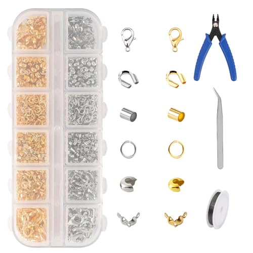 Exbrith 1200 Stück Crimp Perlen Set, 6 Zubehörteilen, Quetschperlen Set mit Perlen-Quetschzange Pinzette Quetschröhrchen für Heimwerker Armbänder Ohrringe Halsketten Schmuckherstellung von Exbrith