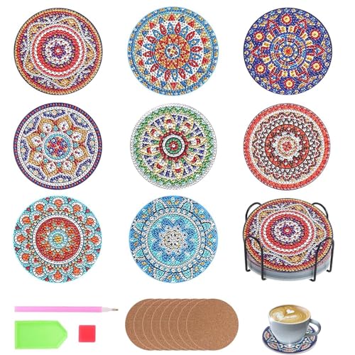 8 Stück Diamond Painting Untersetzer mit Halter, Mandala Coasters, Diamant Tassenuntersetzer, Untersetzer Geeignet für Teetassen, Weingläser, Geeignet für Anfänger, Erwachsene Und Kinder von Exbrith