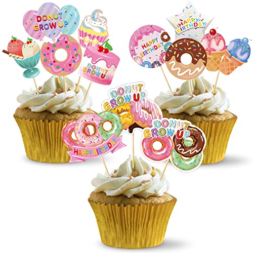 48 Stück Donut Geburtstag Party Supplies Donut Grow Up Cupcake Topper, Donut Thema Party Kuchen Dekorationen, Donut Happy Birthday Cupcake Dekor für Baby Mädchen von Excelloon