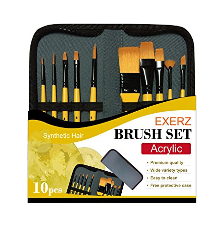 Exerz Künstler Pinsel Set 10 Stück professionelle Synthetik haar Pinsel in einer Reisehülle/Perfekt für acrylische Wasserfarben Gouache & Gesichtsfarben von EXERZ