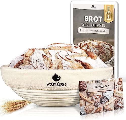 Exitoso Gärkörbchen rund 1kg aus Peddigrohr Ø25cm - Beige inkl. (E-Book Rezept, Leinentuch) - Brot backen mit Gärkörbchen Set - Gärkorb rund Banneton Brotbackzubehör Gärform - Garkörbe Brot Brotbacken von Exitoso