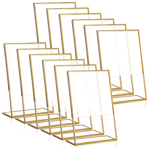 Exogio 12 Pcs Acryl-Schilderhalter Gold Hochzeits Tischkartenhalter T-Aufsteller Doppelseitige Menüständer, Fotorahmen, Speisekartenhalter, Tischnummern für Hochzeit Restaurant Geschäft 10 X 15 cm von Exogio