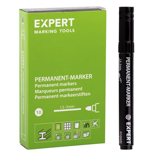 EXPERT Permanentmarker Schwarz | Rundspitze, wasserfest & schnelltrocknend | Sicher ohne Xylol & Toluol | Ideal für Glas, Holz, Metall, Kunststoff | 10er Pack im Kartonetui von EXPERT