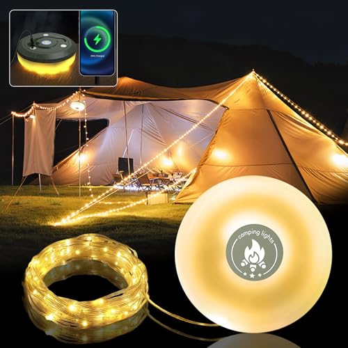 Camping Lichterkette Aufrollbar, 2 in 1 Verstaubare Camping Laterne Wasserdicht, Batterie/USB Wiederaufladbar Powerbank Campinglampe 10M Lichterkette Außenbereich for Camping Garden von Exsivemy