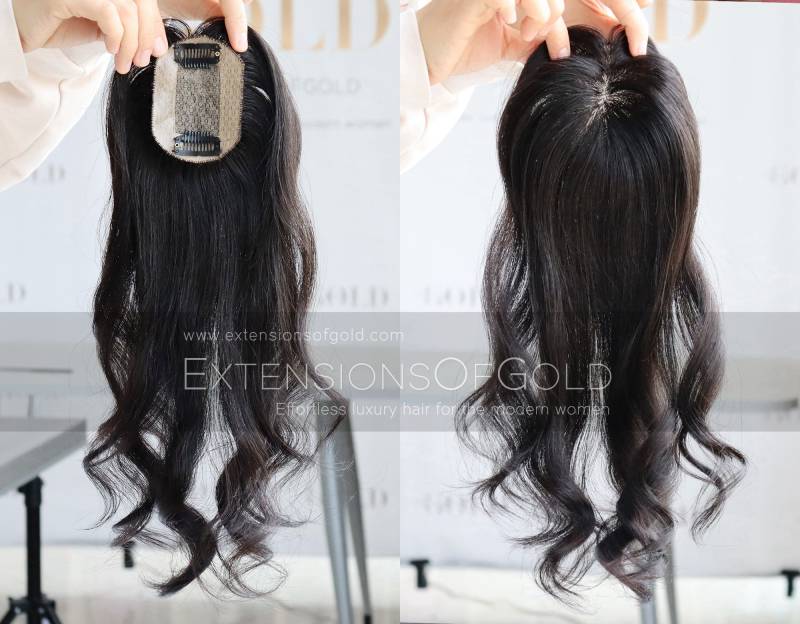 14 "Light Volume Echt Echthaar Topper 2, 4x3, 5" Silk Base Pre-styled Natural Black 120% Density Premium von ExtensionsOfGold