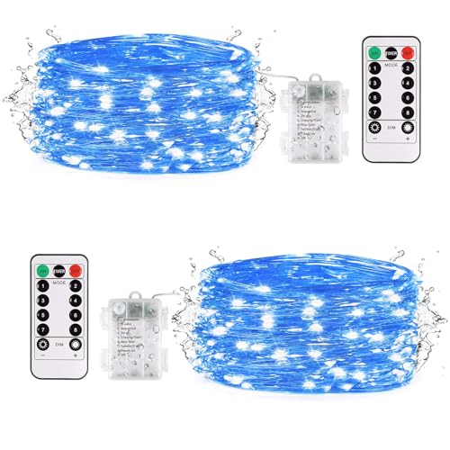 Lichterkette Außen Innen, LED Lichterkette Batterie Timer Fernbedienung, 2 x 50 LED Lichterkette Weihnachtsbaum, 5M Lichterkette Batterie Betrieb Outdoor Aussen Blau Licht für Weihnachten Kinderzimmer von Eyesgood