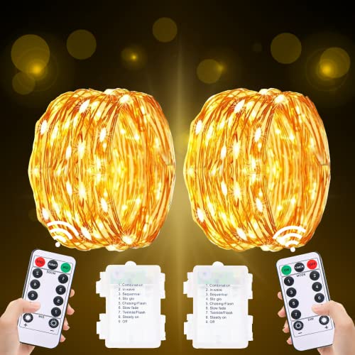 Lichterkette Innen Batterie Außen, 2 * 50 LED Lichterkette Batterie Mit Timer Fernbedienung, 5M Mini Lichterkette Weihnachtsbaum Lichterkette Warmweiß 8Modi Outdoor Kinderzimmer Weihnachten von Eyesgood