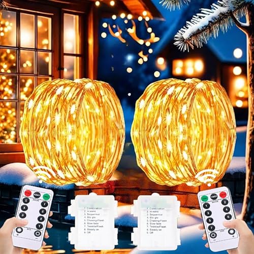 Lichterkette Innen Batterie Außen, 2 * 50 LED Lichterkette Batterie Mit Timer Fernbedienung, 5M Mini Lichterkette Weihnachtsbaum Lichterkette Warmweiß 8Modi Outdoor Kinderzimmer Weihnachten von Eyesgood