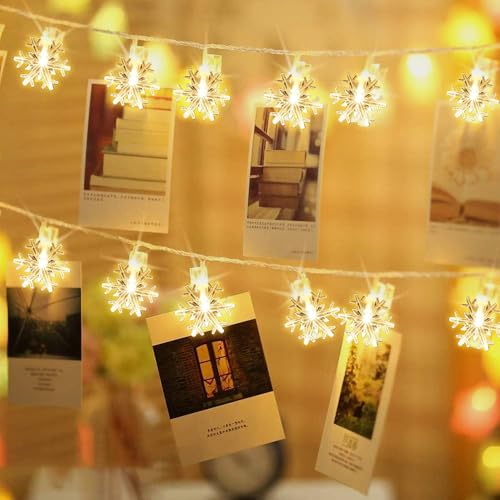 Weihnachtsdeko Innen Schneeflocke Lichterkette Weihnachten mit Fotoclips, 6M 40LED Weihnachten Deko Fotoclips Batteriebetriebene, Lichterketten für Geburtstag Weihnachten Party. (Warmweiß) von Eyezeeption