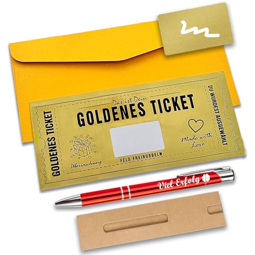 Eyksta Goldenes Ticket Wunschgutschein Rubbellose zum Ausfüllen, Kugelschreiber mit Gravur, Geschenk für Valentinstag Geburtstag Reise Kino Freunde Familie von Eyksta