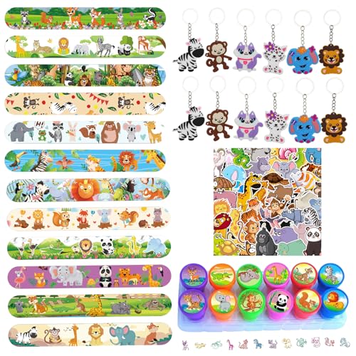 Eymobad 76Pcs Tiere Party Mitgebsel Kinder,Dschungel Geburtstag Gastgeschenke mit Tier Schnapparmband Schlüsselanhänger Stempel Aufkleber,Tiere Party Zubehör für Junge Mädchen Geburtstags Geschenke von Eymobad