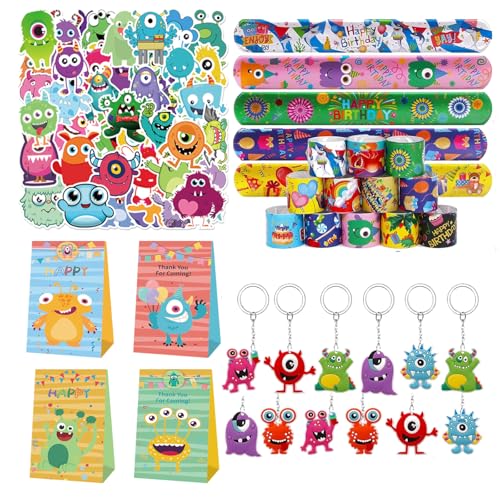 Eymobad 86PCS Monster Party Mitgebsel Set,Monster Theme Party Geschenke,Monster Geburtstag Party Deko Mit Schlüsselanhänger Geschenktüten Aufkleber Schnapparmbänder,für Jungen Mädchen Gastgeschenke von Eymobad